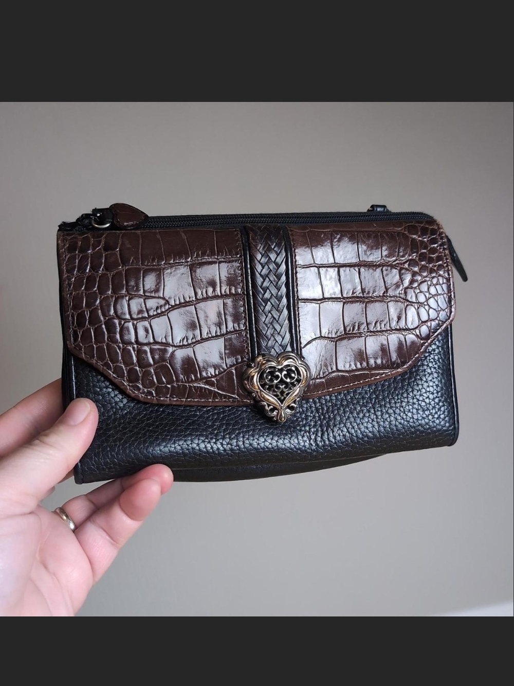 Vintage Brighton Brown & Black Croc-Embossed Leather Clutch Wallet